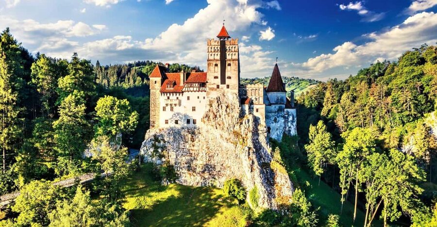 Bran Castle on its rock above the Transylvanian treeline